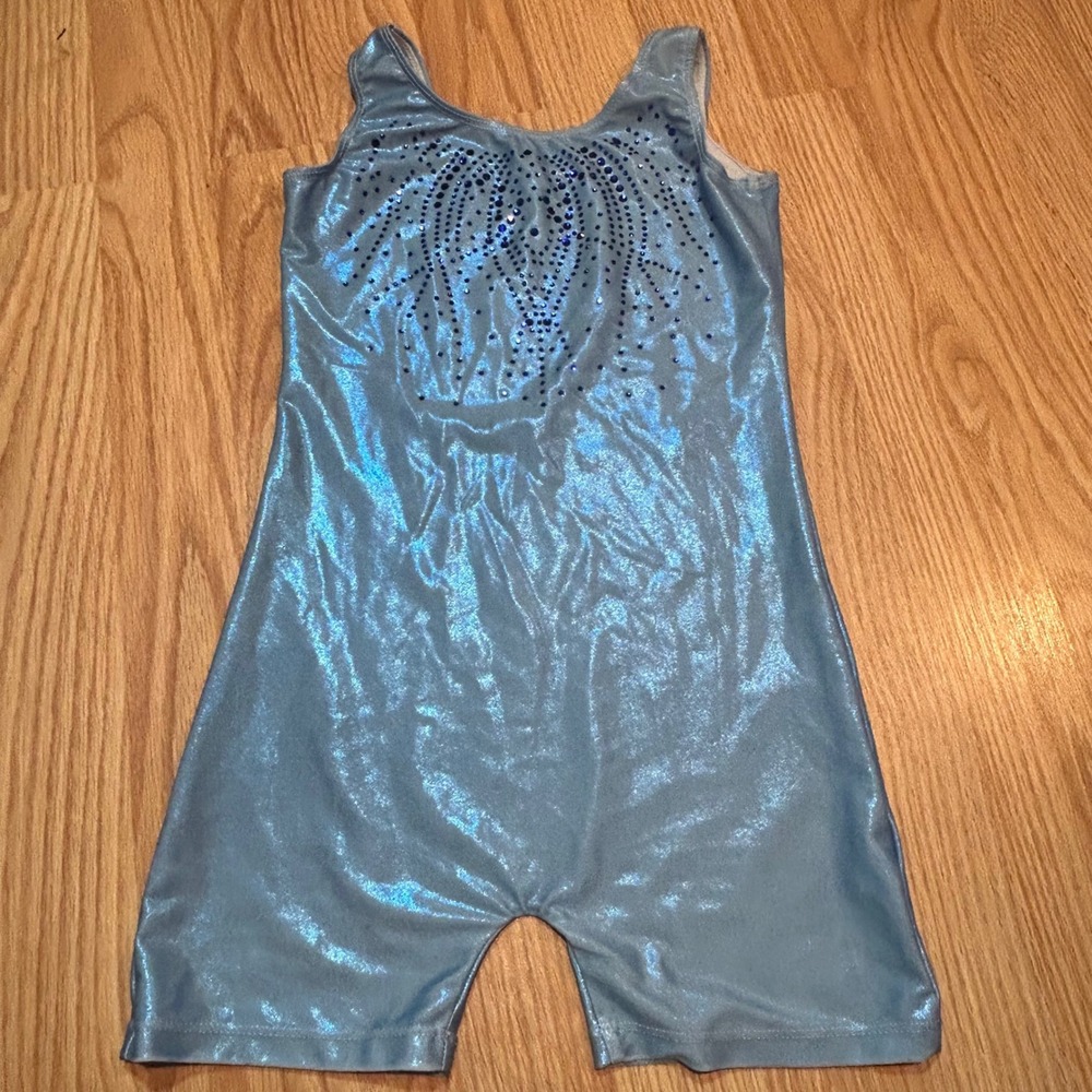 Zaclotre Girls Shimmer Metallic Rhinestone Gymnastics Biketard Light Blue 140